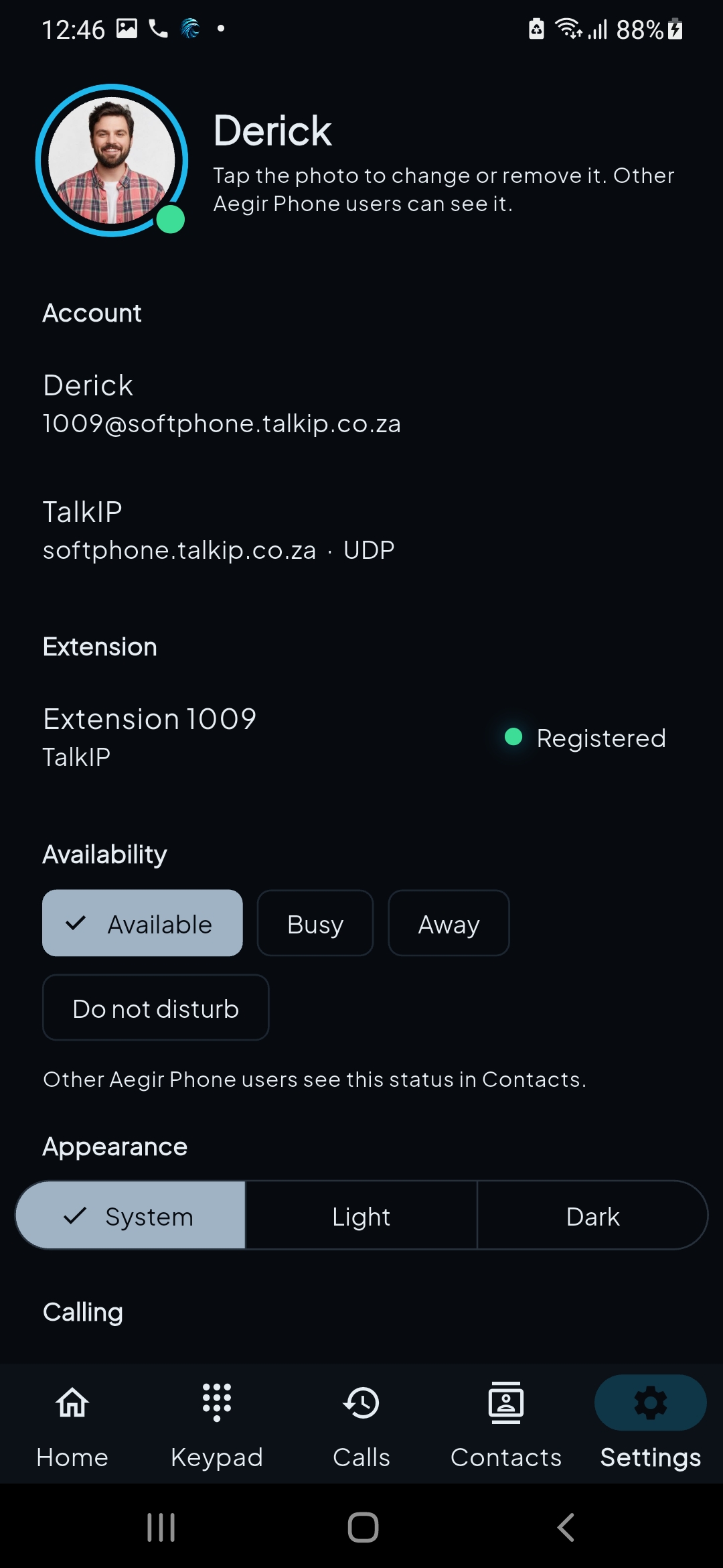 Aegir Phone account settings showing registered extension