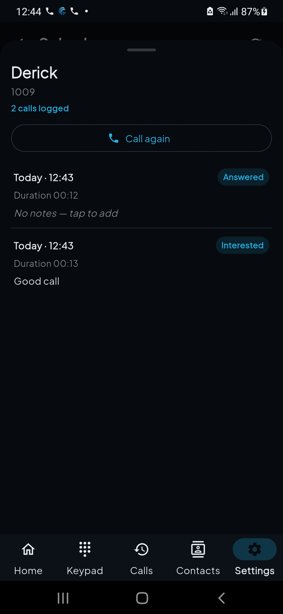 Aegir Phone contact call log with answered and interested tags