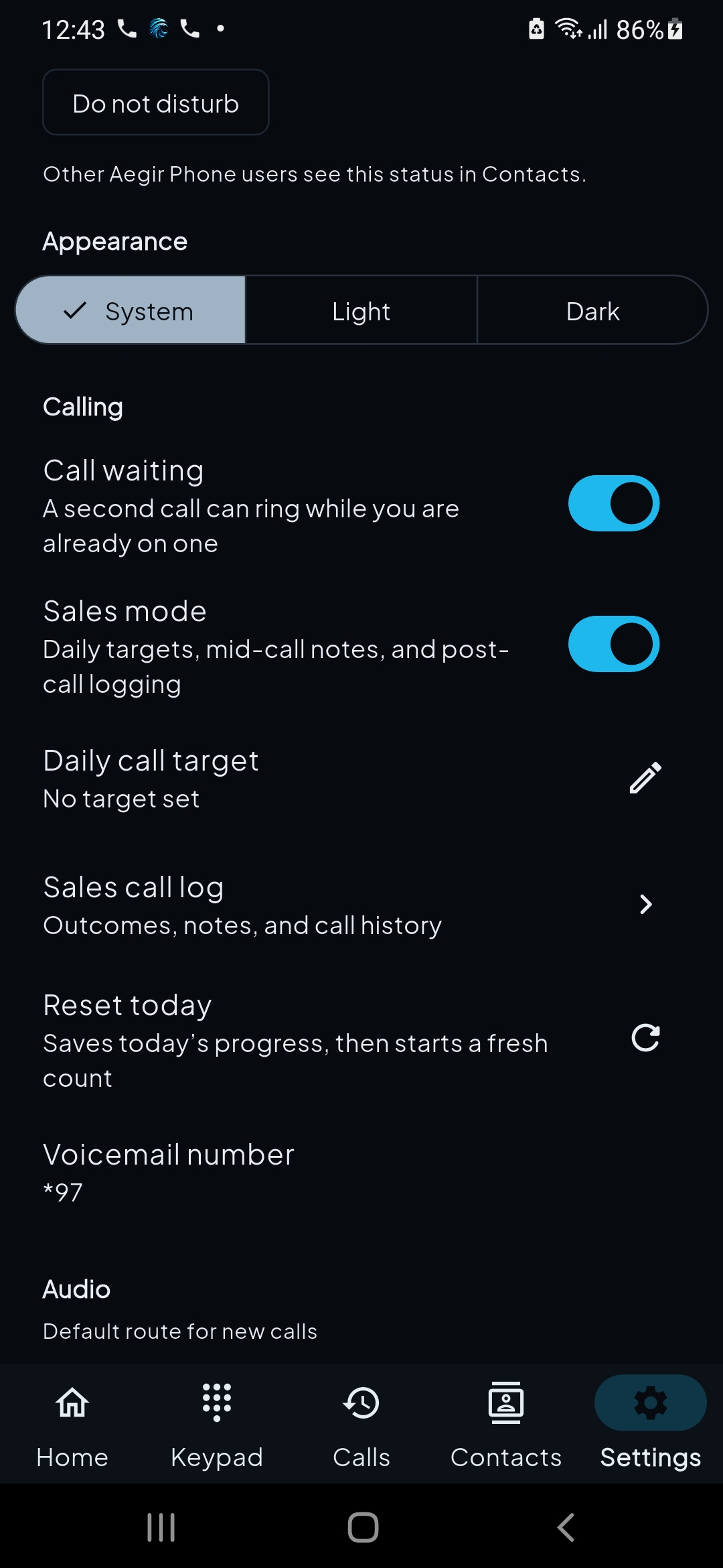 Aegir Phone settings with sales mode enabled