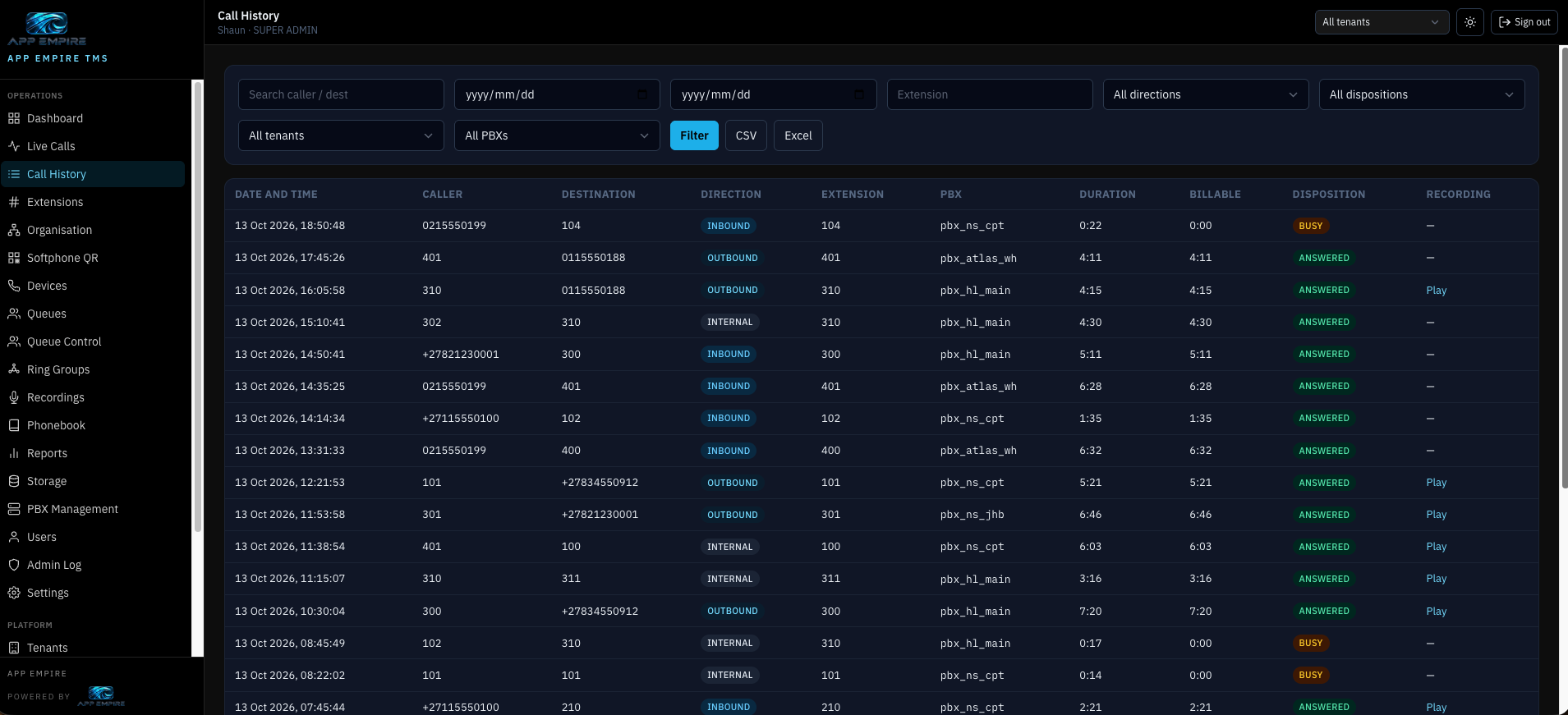 Aegir TMS call history with filters and recording playback