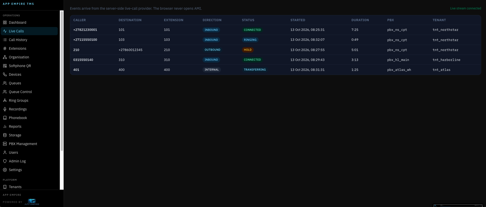 Aegir TMS live calls table with inbound and outbound status